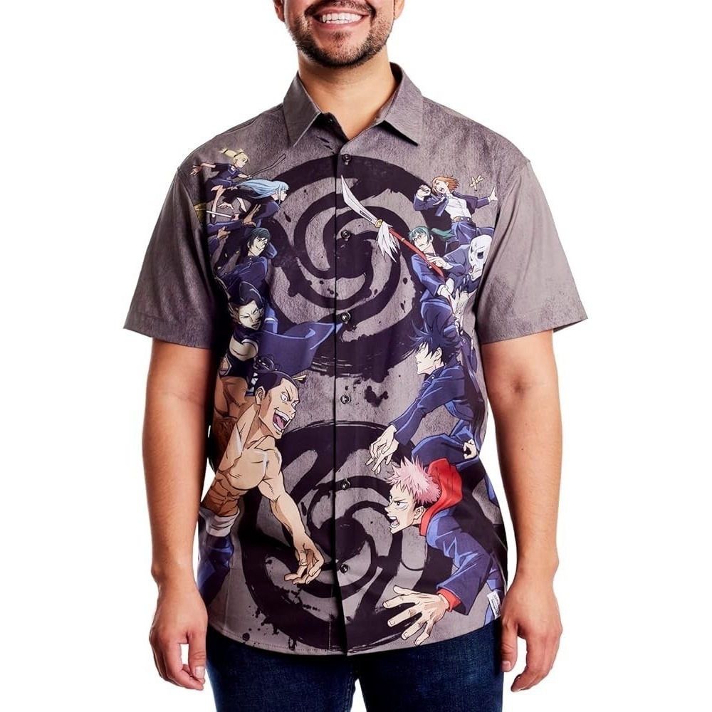 Loungefly Jujutsu Kaisen Button Up Shirt Mens 2XL Grey Anime Battle Graphic